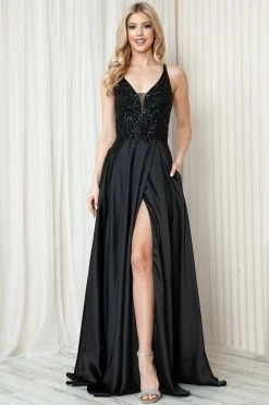 Sequin Applique Satin Slit Gown By Amelia Couture 6120 -Dresses Shop 0004302 6120