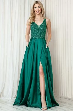 Sequin Applique Satin Slit Gown By Amelia Couture 6120 -Dresses Shop 0004305 6120