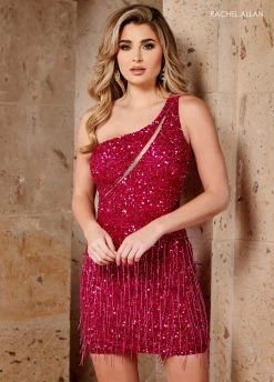 Sequin Short One Shoulder Fringe Dress By Rachel Allan 30042 -Dresses Shop 30042 fuchsia f