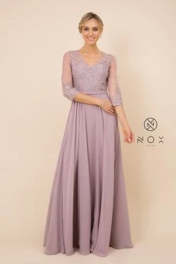 Applique Chiffon 3/4 Sleeve Gown By Nox Anabel Y532