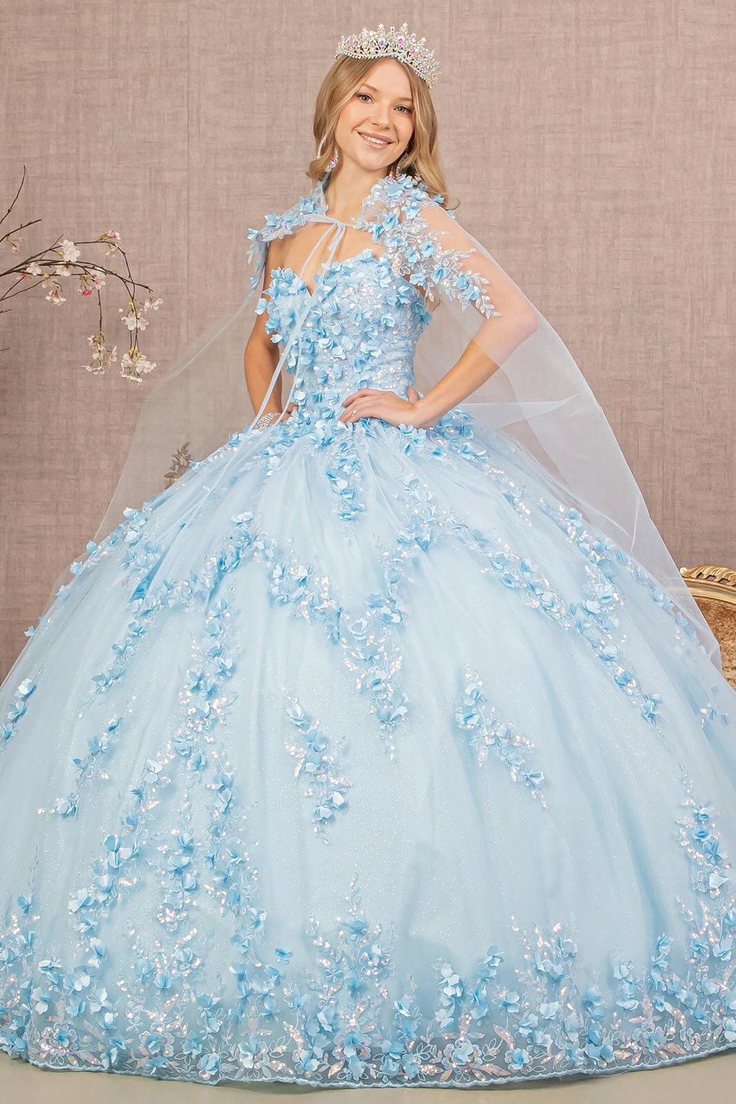 3D Floral Strapless Cape Ball Gown By Elizabeth K GL3103 3 3D Floral Strapless Cape Ball Gown By Elizabeth K GL3103