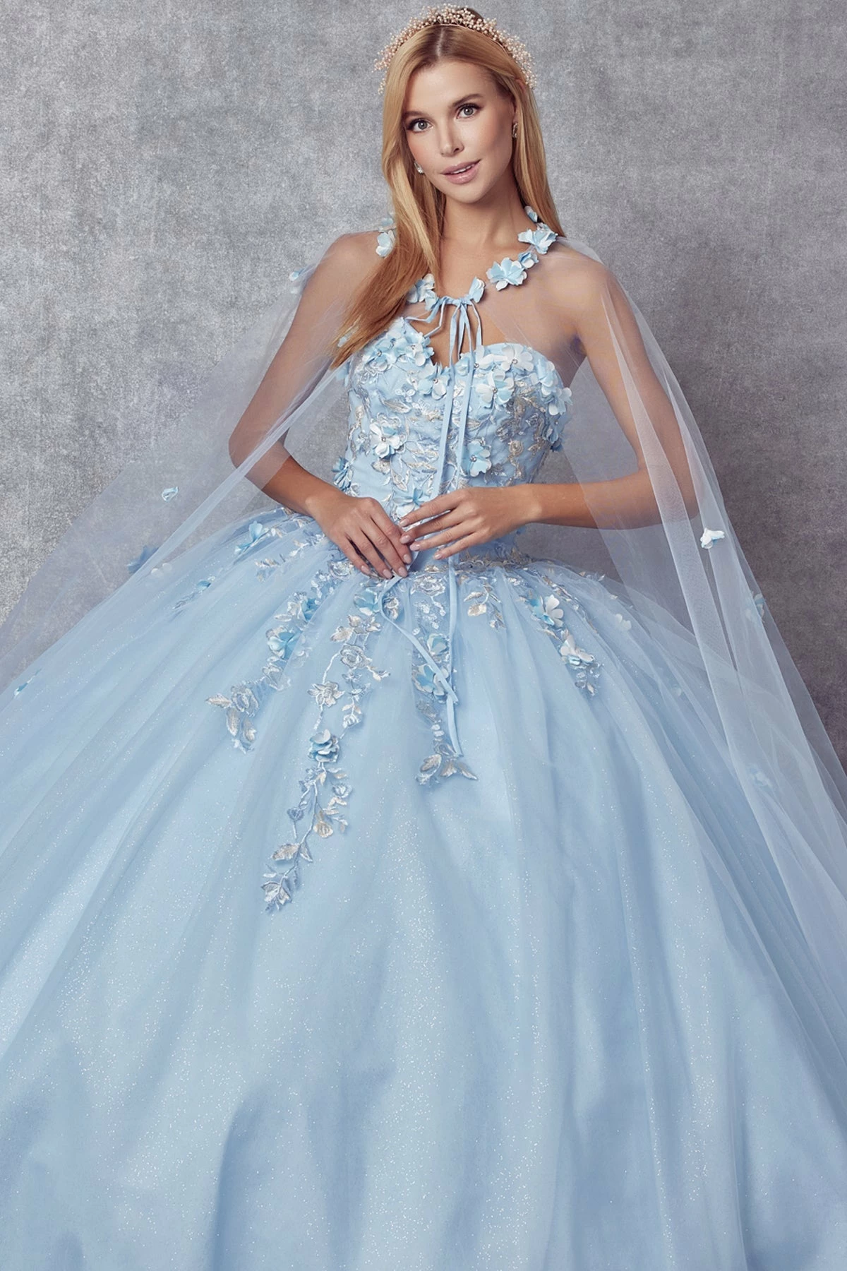 3D Floral Strapless Cape Ball Gown By Juliet 1435 8 3D Floral Strapless Cape Ball Gown By Juliet 1435 - Image 6