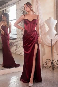 Fitted Satin Sleeveless Corset Slit Gown By Ladivine 7498 -Dresses Shop 7498 burgundy