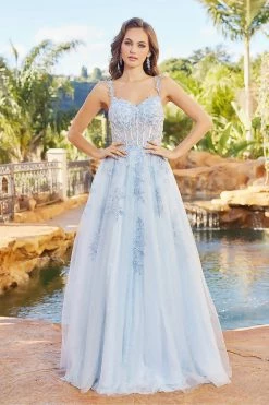 Dresses Shop -Dresses Shop applique corset lace tulle gown by adora 3087 long formal dresses adora design xs baby blue 293775