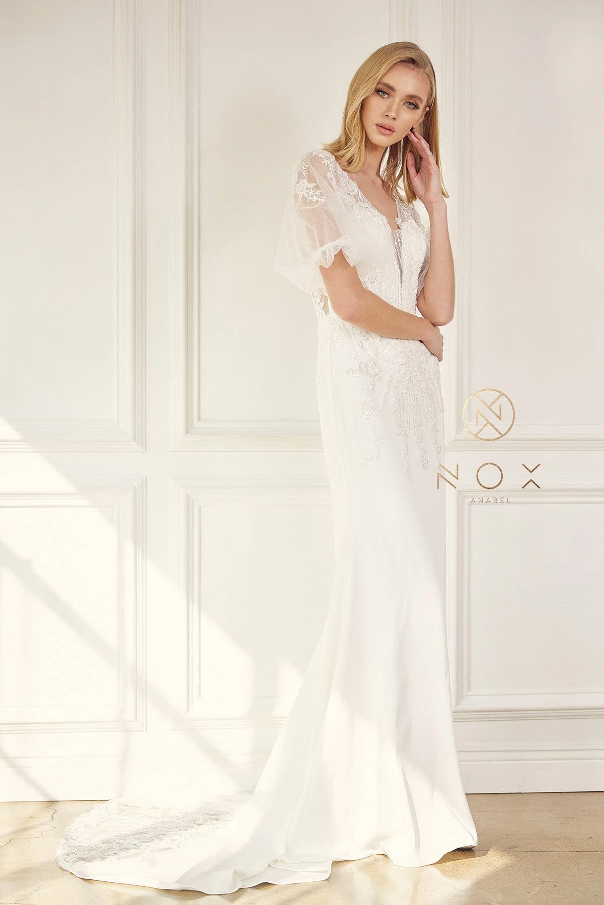 Applique Short Sleeve Wedding Gown By Nox Anabel JE927 5 Applique Short Sleeve Wedding Gown By Nox Anabel JE927 - Image 3