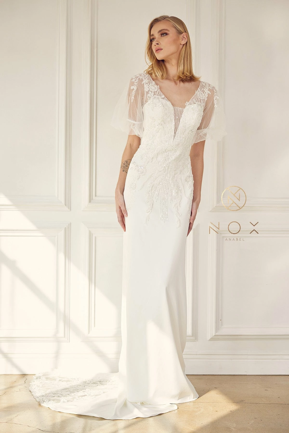 Applique Short Sleeve Wedding Gown By Nox Anabel JE927 3 Applique Short Sleeve Wedding Gown By Nox Anabel JE927