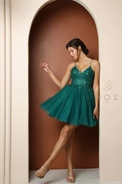 Applique Short V-Neck Dress By Nox Anabel T743 -Dresses Shop applique short v neck dress by nox anabel t743 short cocktail dresses nox anabel 00 emerald 359534