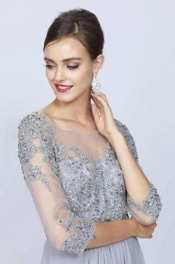 Bead Embroidered Formal Gown With Sheer Sleeves By Juliet 600 -Dresses Shop bead embroidered formal gown with sheer sleeves by juliet 600 long formal dresses juliet s gray 339838