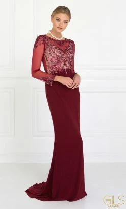 Beaded Illusion Long Sleeve Burgundy Gown By Elizabeth K GL1506