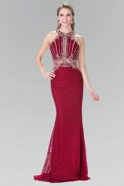 Dresses Shop -Dresses Shop beaded lace halter dress with illusion waistline by elizabeth k gl2275 long formal dresses elizabeth k xs burgundy 347858