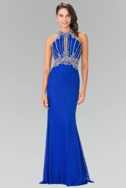 Beaded Lace Halter Dress With Illusion Waistline By Elizabeth K GL2275