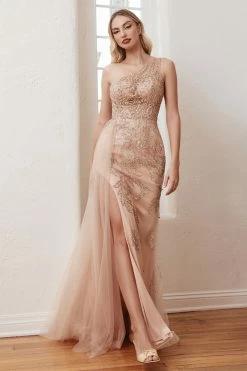 Beaded One Shoulder Overskirt Gown By Ladivine CB098