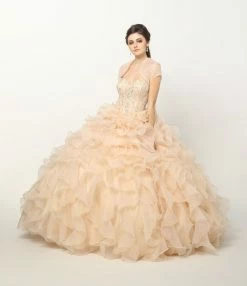 Ruffled Strapless Organza Ball Gown By Juliet 1418 -Dresses Shop beaded strapless ball gown with organza ruffled skirt by juliet 1418 quinceanera dresses juliet xs champagne 783093