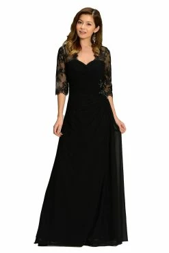 Black Long Chiffon Dress With Lace Sleeves By Poly USA