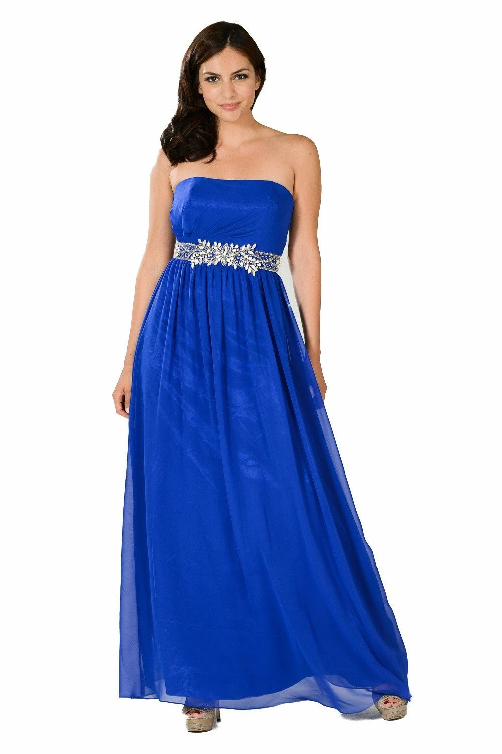 Blue Long Strapless Dress With Embellished Waist By Poly USA 3 Blue Long Strapless Dress With Embellished Waist By Poly USA