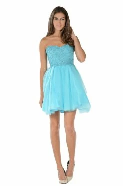 Blue Short Strapless Dress With Lace Bodice By Poly USA -Dresses Shop blue short strapless dress with lace bodice by poly usa short cocktail dresses poly usa xs aqua 558885