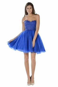 Blue Short Strapless Dress With Lace Bodice By Poly USA