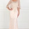 Blush Long Lace Appliqued Dress With Attached Cape By Elizabeth K