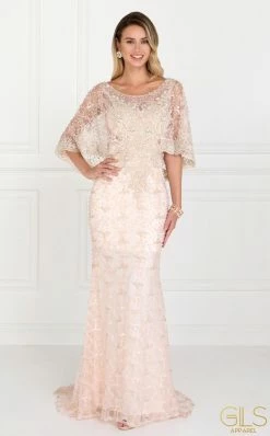 Blush Long Lace Appliqued Dress With Attached Cape By Elizabeth K