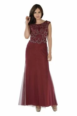 Burgundy Long Dress With Beaded Mesh Bodice By Poly USA