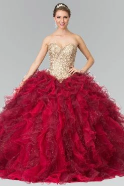 Burgundy Strapless Ruffled Ballgown By Elizabeth K GL2211