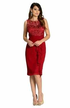 Short Lace Bodice Chiffon Dress By Poly USA 7208 -Dresses Shop champagne knee length chiffon dress with lace top by poly usa short cocktail dresses poly usa s burgundy 624933