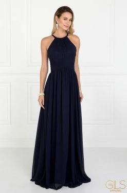 Chiffon High-Neck Ruched Long Navy Dress By Elizabeth K GL1524