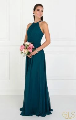 Chiffon High-Neck Ruched Long Navy Dress By Elizabeth K GL1524 -Dresses Shop chiffon high neck ruched long navy dress by elizabeth k gl1524 long formal dresses elizabeth k xs teal 890406