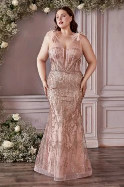 Curve Feather Glitter Gown By Cinderella Divine CB087C -Dresses Shop curve feather glitter gown by cinderella divine cb087c long formal dresses cinderella divine 18 rose gold 261205