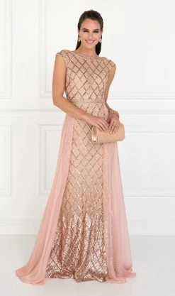 Embellished Long Pink Cap Sleeve Dress By Elizabeth K GL1577