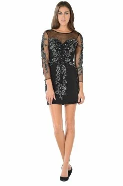 Embellished Sheer Short Champagne Dress With Sleeves By Poly USA -Dresses Shop embellished sheer short champagne dress with sleeves by poly usa short cocktail dresses poly usa xs black 395280