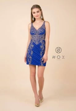 Embellished Short Sleeveless V-Neck Dress By Nox Anabel A673