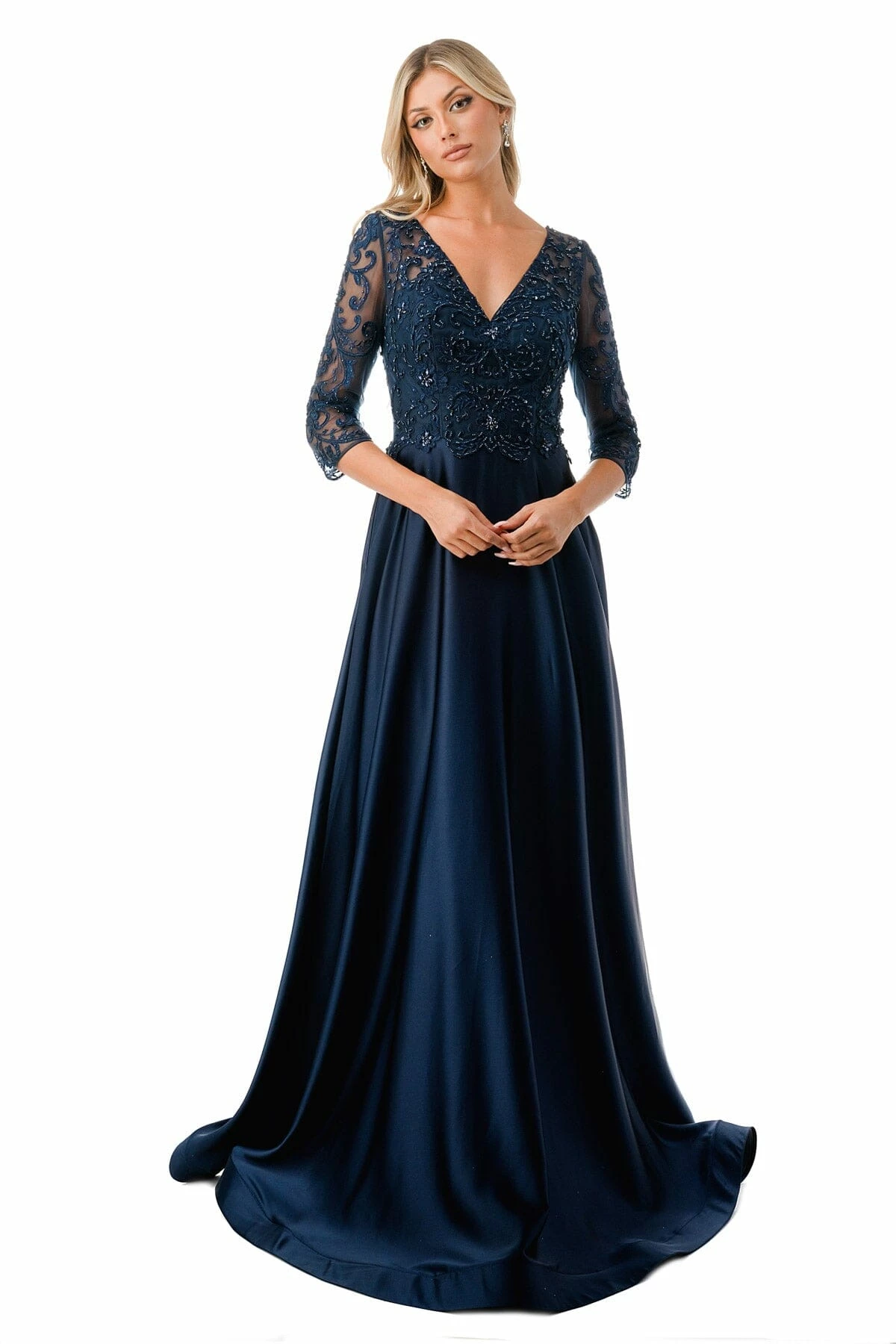Embroidered 3/4 Sleeve A-line Gown By Coya M2734F 3 Embroidered 3/4 Sleeve A-line Gown By Coya M2734F