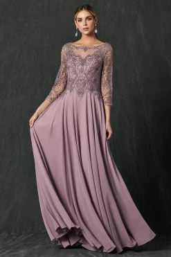 Embroidered 3/4 Sleeve Chiffon Gown By Juliet M11
