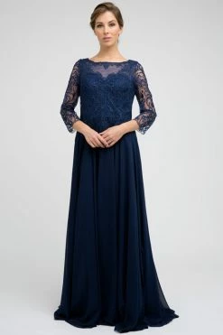 Embroidered 3/4 Sleeve Chiffon Gown By Juliet M11 -Dresses Shop embroidered 34 sleeve chiffon gown by juliet m11 long formal dresses juliet m navy blue 728095