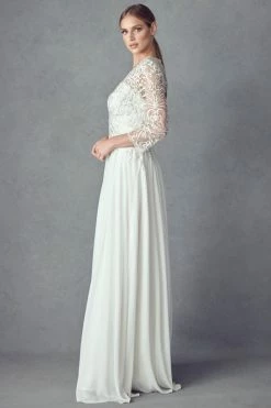 Embroidered 3/4 Sleeve White Gown By Juliet M11-W 11 Embroidered 3/4 Sleeve White Gown By Juliet M11-W -Dresses Shop embroidered 34 sleeve white gown by juliet m11 w long formal dresses juliet 806930