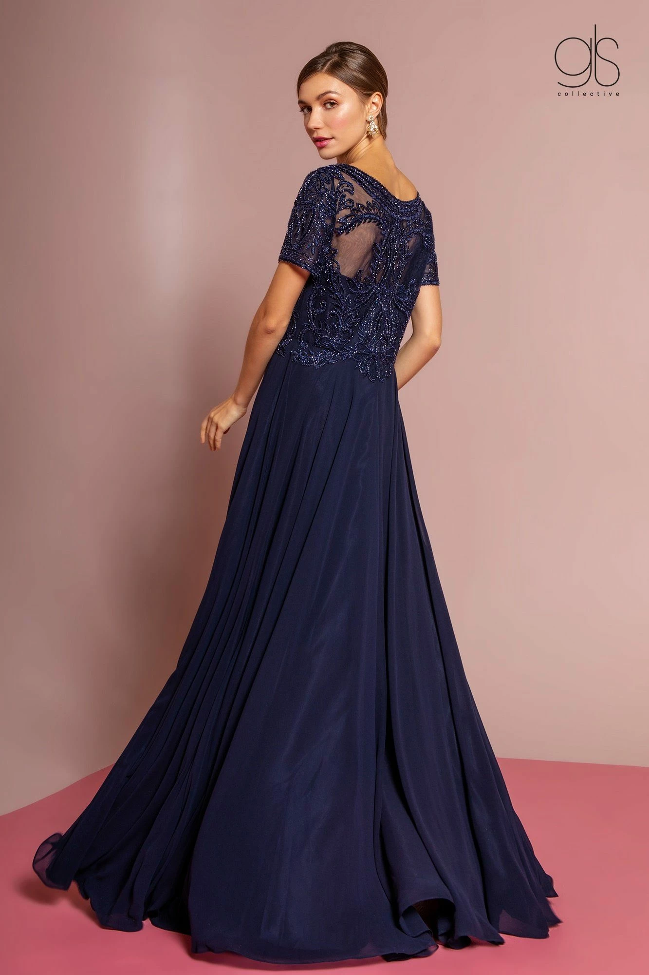 Embroidered Chiffon Gown With Short Sleeves By Elizabeth K GL2683 6 Embroidered Chiffon Gown With Short Sleeves By Elizabeth K GL2683 - Image 4
