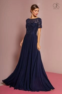 Embroidered Chiffon Gown With Short Sleeves By Elizabeth K GL2683