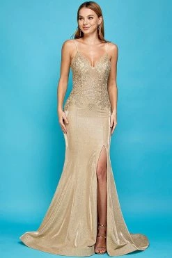 Embroidered Fitted Metallic Glitter Slit Gown By Adora 3008 -Dresses Shop embroidered fitted metallic glitter slit gown by adora 3008 long formal dresses adora design xs champagne 820497