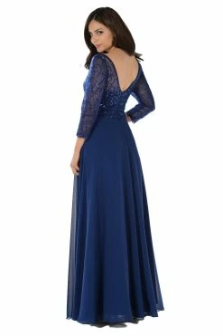 Embroidered Long Beige V-Neck Dress With Sleeves By Poly USA -Dresses Shop embroidered long beige v neck dress with sleeves by poly usa long formal dresses poly usa 958705