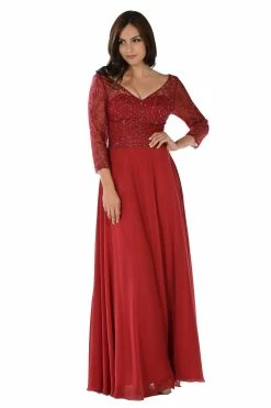 Embroidered Long Beige V-Neck Dress With Sleeves By Poly USA -Dresses Shop embroidered long beige v neck dress with sleeves by poly usa long formal dresses poly usa s burgundy 307432
