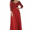 Embroidered Long Burgundy V-Neck Dress With Sleeves By Poly USA