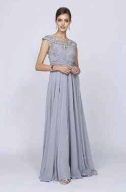 Embroidered Long Cap Sleeve Dress With Sheer Back By Juliet 585 -Dresses Shop embroidered long cap sleeve dress with sheer back by juliet 585 long formal dresses juliet s silver 296658