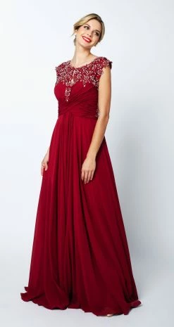 Embroidered Long Cap Sleeve Dress With Sheer Back By Juliet 585 -Dresses Shop embroidered long cap sleeve dress with sheer back by juliet 585 long formal dresses juliet s wine 710015