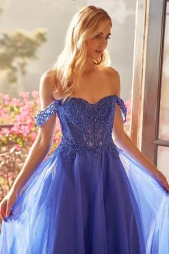 Embroidered Off Shoulder Tulle Gown By Juliet 280 -Dresses Shop embroidered off shoulder tulle gown by juliet 280 long formal dresses juliet xs royal blue 357503