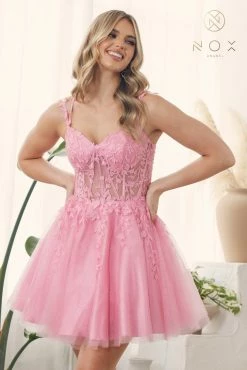 Embroidered Short Corset Tulle Dress By Nox Anabel H784