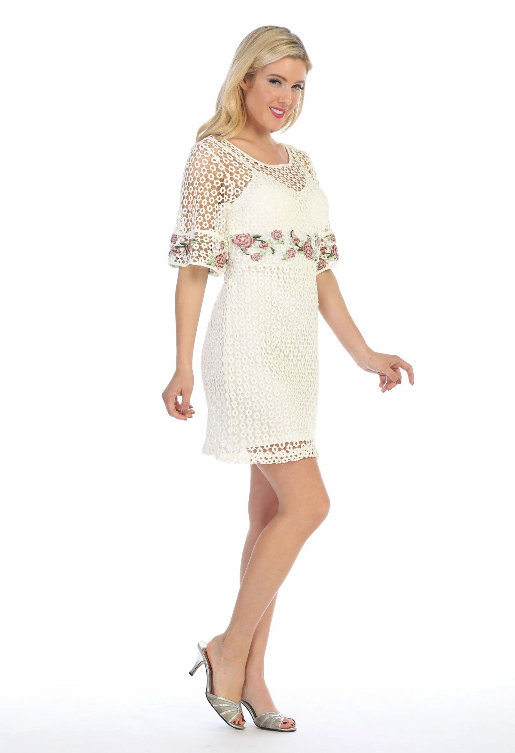 Embroidered Short Eyelet Dress With Sleeves By Celavie 8509 6 Embroidered Short Eyelet Dress With Sleeves By Celavie 8509 - Image 4