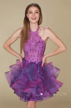 Embroidered Short Halter Dress With Tiered Skirt By Nox Anabel A610 -Dresses Shop embroidered short halter dress with tiered skirt by nox anabel a610 short cocktail dresses nox anabel xs purple magenta 647686
