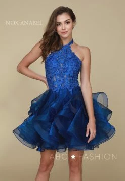 Embroidered Short Halter Dress With Tiered Skirt By Nox Anabel A610 -Dresses Shop embroidered short halter dress with tiered skirt by nox anabel a610 short cocktail dresses nox anabel xs sapphire 903829