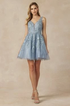 Embroidered Short Illusion V-Neck Dress By Juliet 871